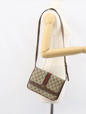 GUCCI GG Supreme Web Sherry Line Shoulder Bag PVC Beige Gold Auth BA9596
